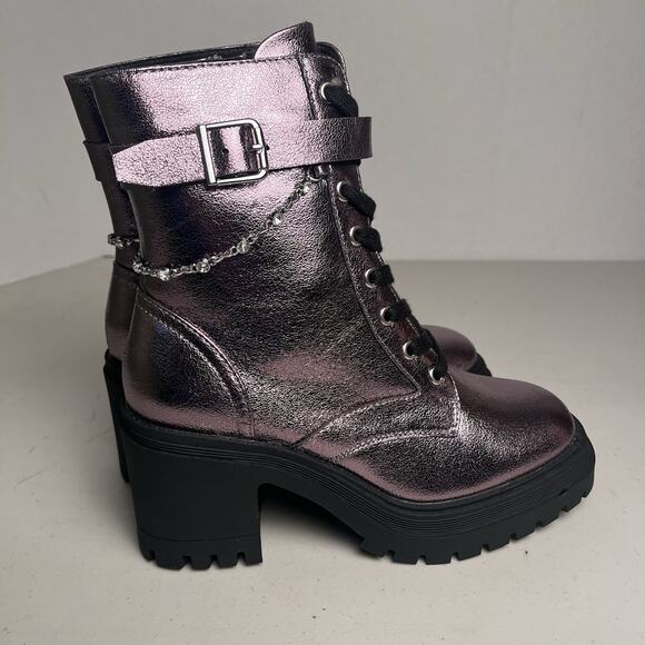 Pop Combat Boots Metallic Purple Lug Sole Heeled Lace Up Chain Punk Size 7 $90 - Picture 3 of 14